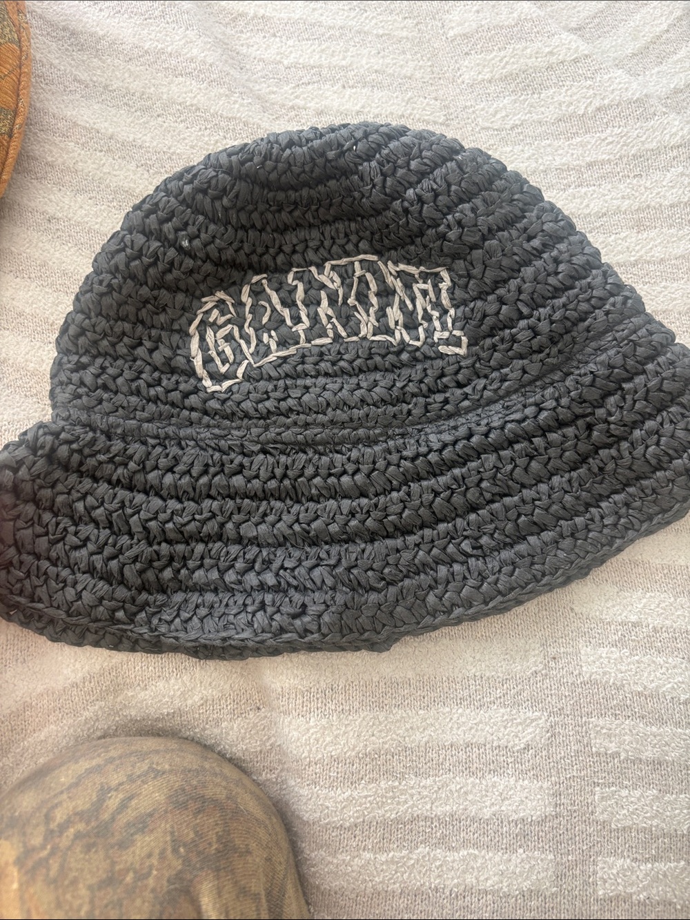 Ganni Black Crochet Bucket Hat with White Logo